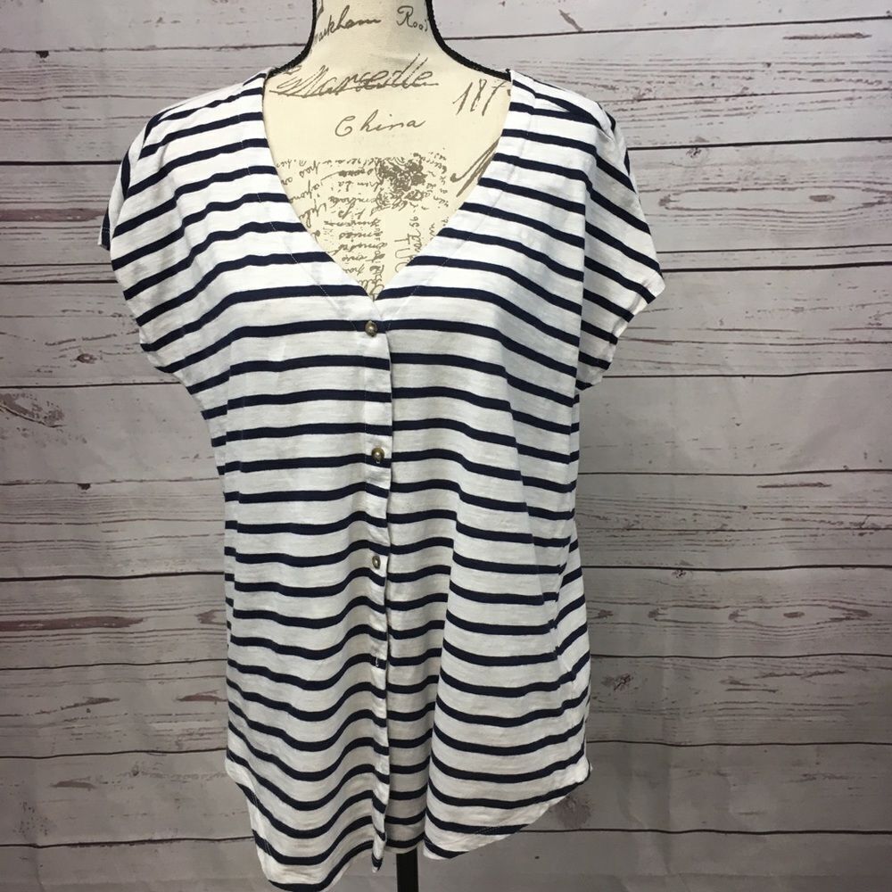 Old Navy‎ Womens Large Striped Button Front V-Neck Short Sleeve Top Navy White